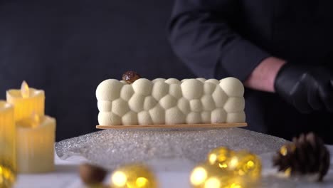 delicious cake in fancy restaurant, close up shot, insert shot