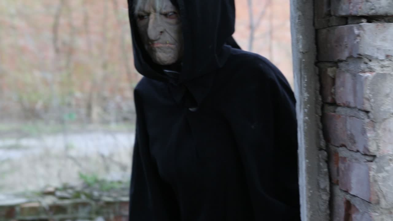 Horror scene in destroyed building of scary mysterious ghost