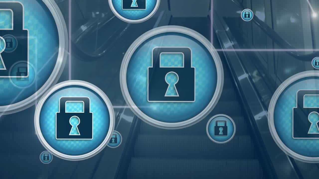 animación de iconos de candados y líneas móviles sobre escaleras mecánicas