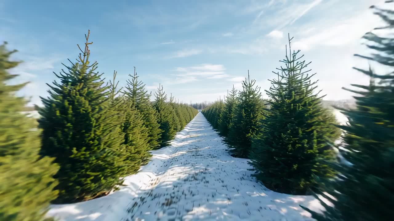 Playback initiating camera gliding forward along snowy evergreen aisle, showing tunnel effect