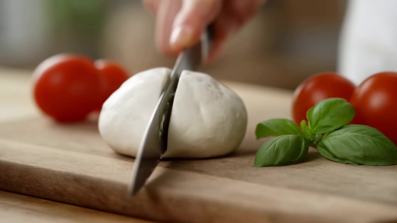 Nærbilde i lav vinkel som viser en kniv som skjærer gjennom en rund kule fersk mozzarella på et skjærebrett av tre, deler osten i to jevne halvdeler og avslører et glatt, fuktig indre ved siden av basilikum og