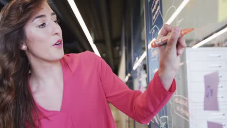 caucasian casual businesswoman making notes on glass wall in office, slow motion