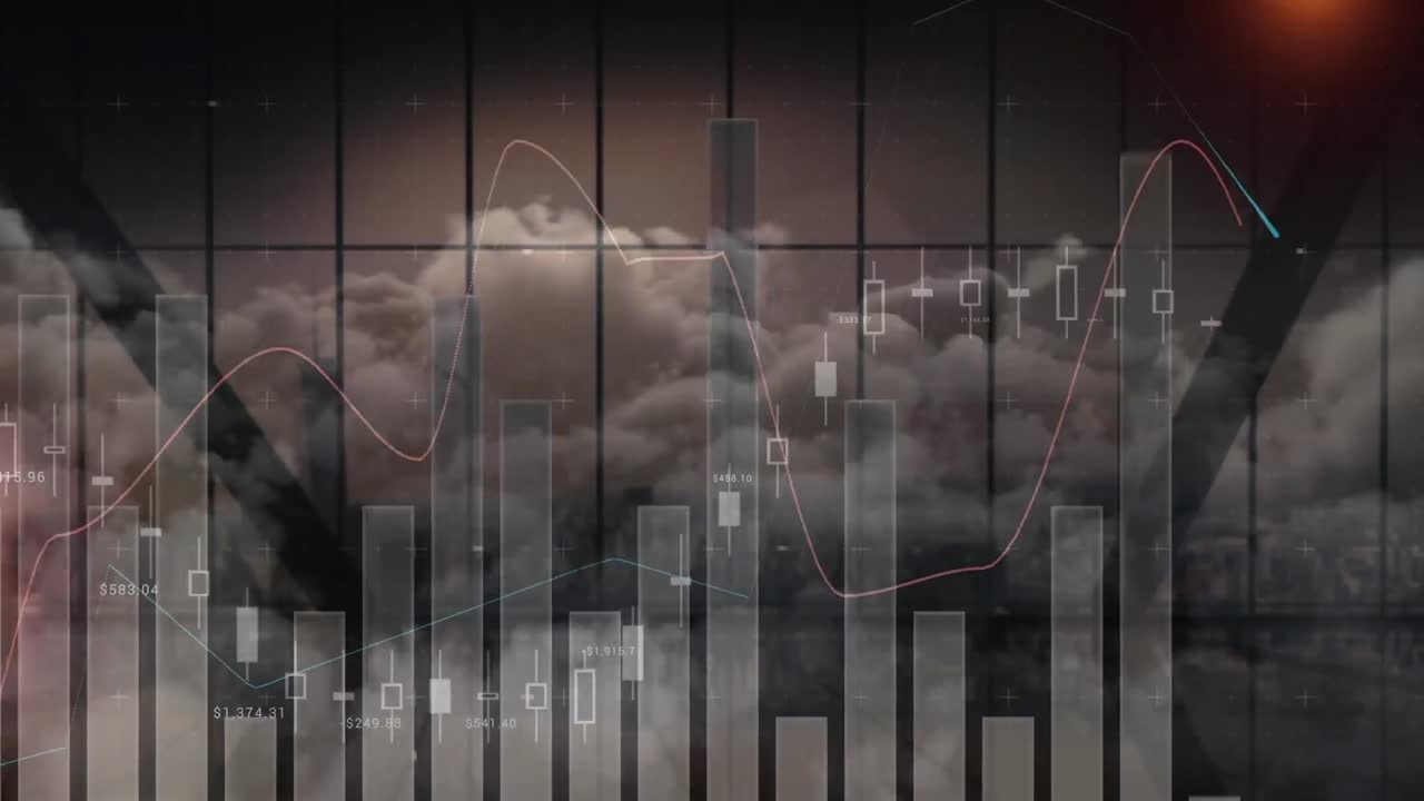 Animation of statistics processing over sky with clouds