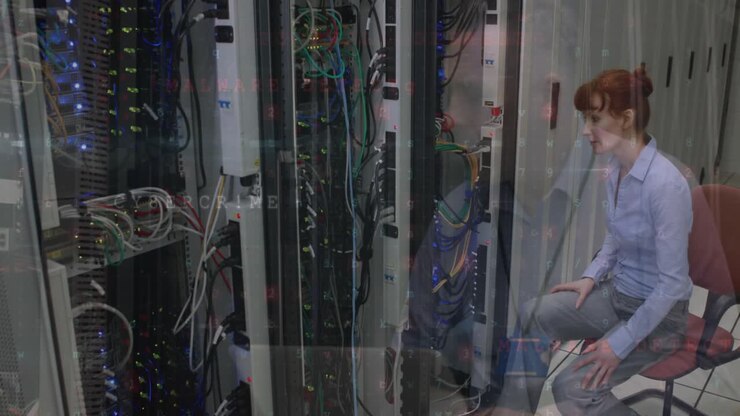 Animation of data processing over diverse business people in server room