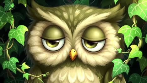 a charming owl with expressive eyes surrounded by lush greenery, capturing the essence of nature's beauty in a whimsical artistic style