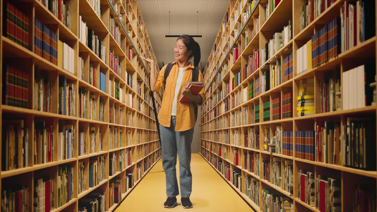 cuerpo lleno de estudiante mujer asiática con una mochila y algunos libros sonriendo y señalando a un lado mientras estaba de pie en la biblioteca