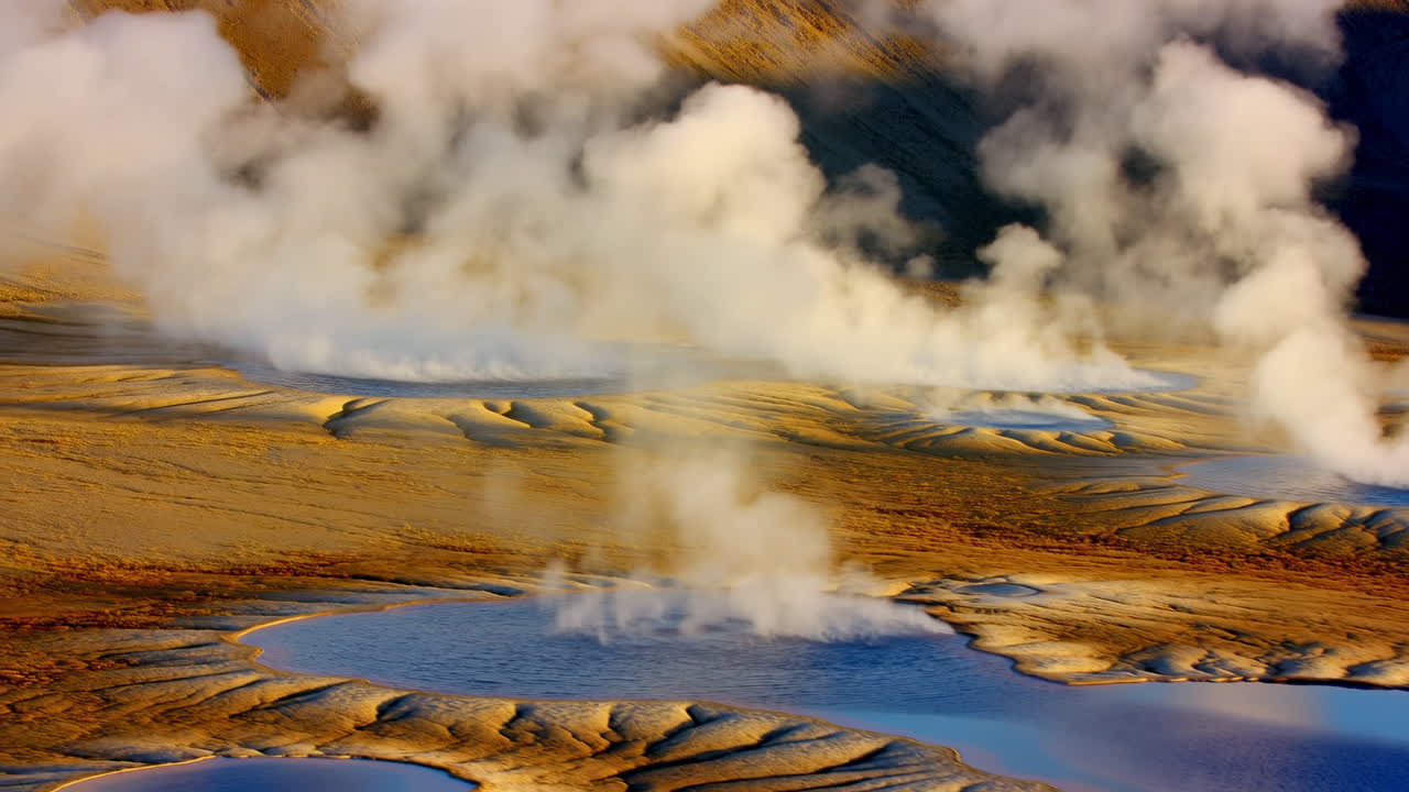 Geothermische Landschaft aus der Vogelperspektive mit dampfenden Becken, geschichteten Mineralterrassen und strukturierten Schlammflächen fangen goldenes Licht