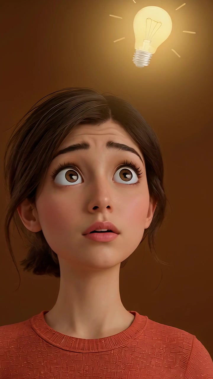 Vertical video: Reacting to glowing bulb, woman looking up and tracking light in orange top, studio