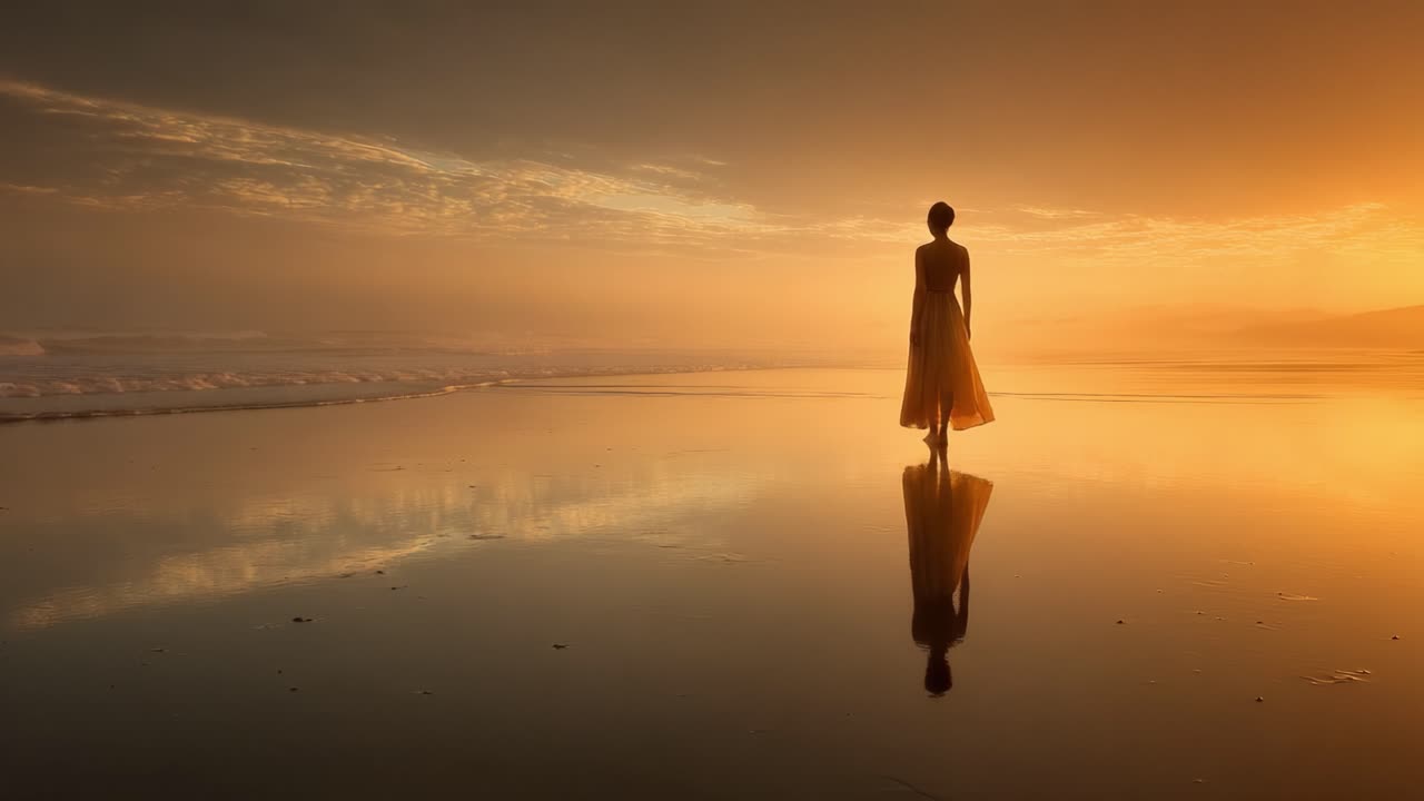 A solitary figure walks gracefully along a tranquil beach at sunset, with the golden glow of the sun reflecting on calm waters, creating a serene and captivating atmosphere