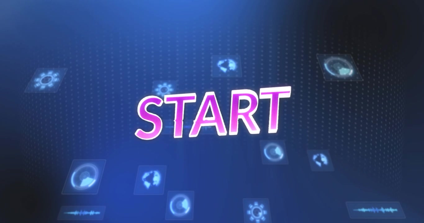 Animation of start text and data processing on blue background