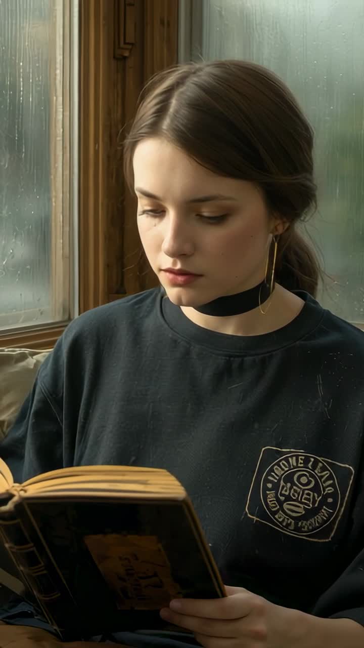 Dikey video: Yağmurlu pencerede eski bir kitap okuyan sweatshirt’lü bir kadını gösteren, cama vuran yağmur sesi