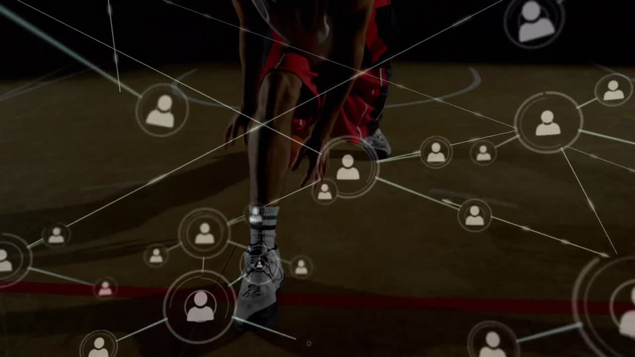 animación de redes de conexiones sobre el jugador de baloncesto masculino de raza mixta en el gimnasio