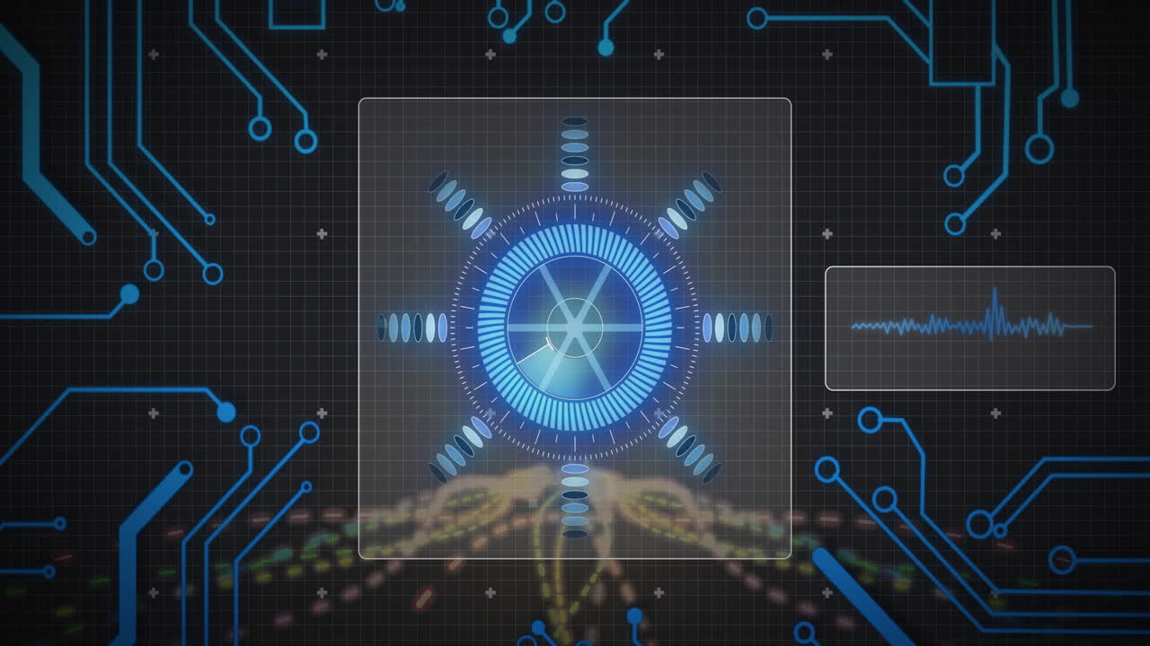 Futuristic UI being displayed on dark grid backdrop, showing glowing HUD interface and data trails