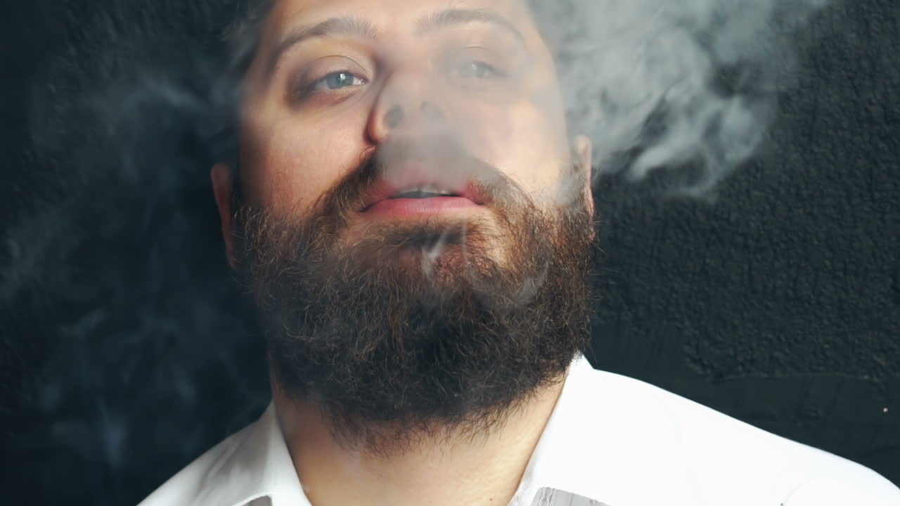 Young Smoker Man Relaxing. Young bearded handsome man smoking cigarette while posing in studio