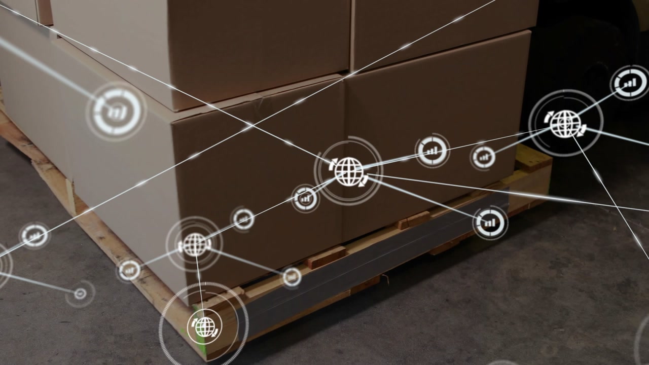 Glowing globe materializing before palleted boxes, radiating lines forming network connecting nodes