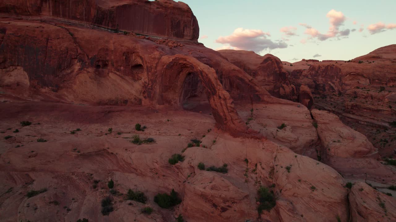 Fasting moving closeup shot of Corona Arch in Moab, Utah