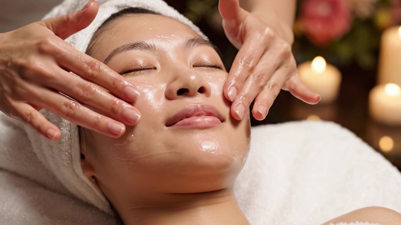 Relaxamento e Renovação: Uma serena experiência de tratamento facial mostrando uma mulher desfrutando de um tratamento de spa rejuvenescedor sob a suave luz de velas.