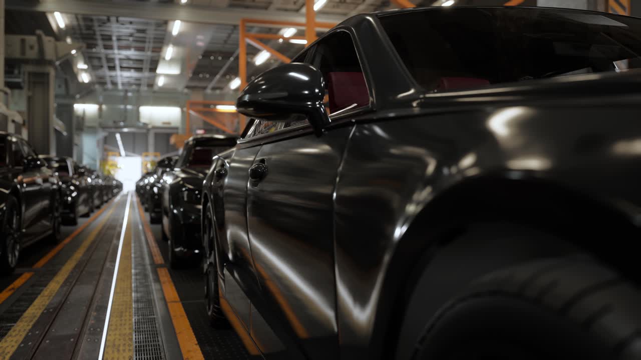 interior de la fábrica de automóviles. carrocería de color negro en una línea de ensamblaje de automóviles planta industrial, fábrica de automóbiles, instalación de fábrica de producción de automóviles
