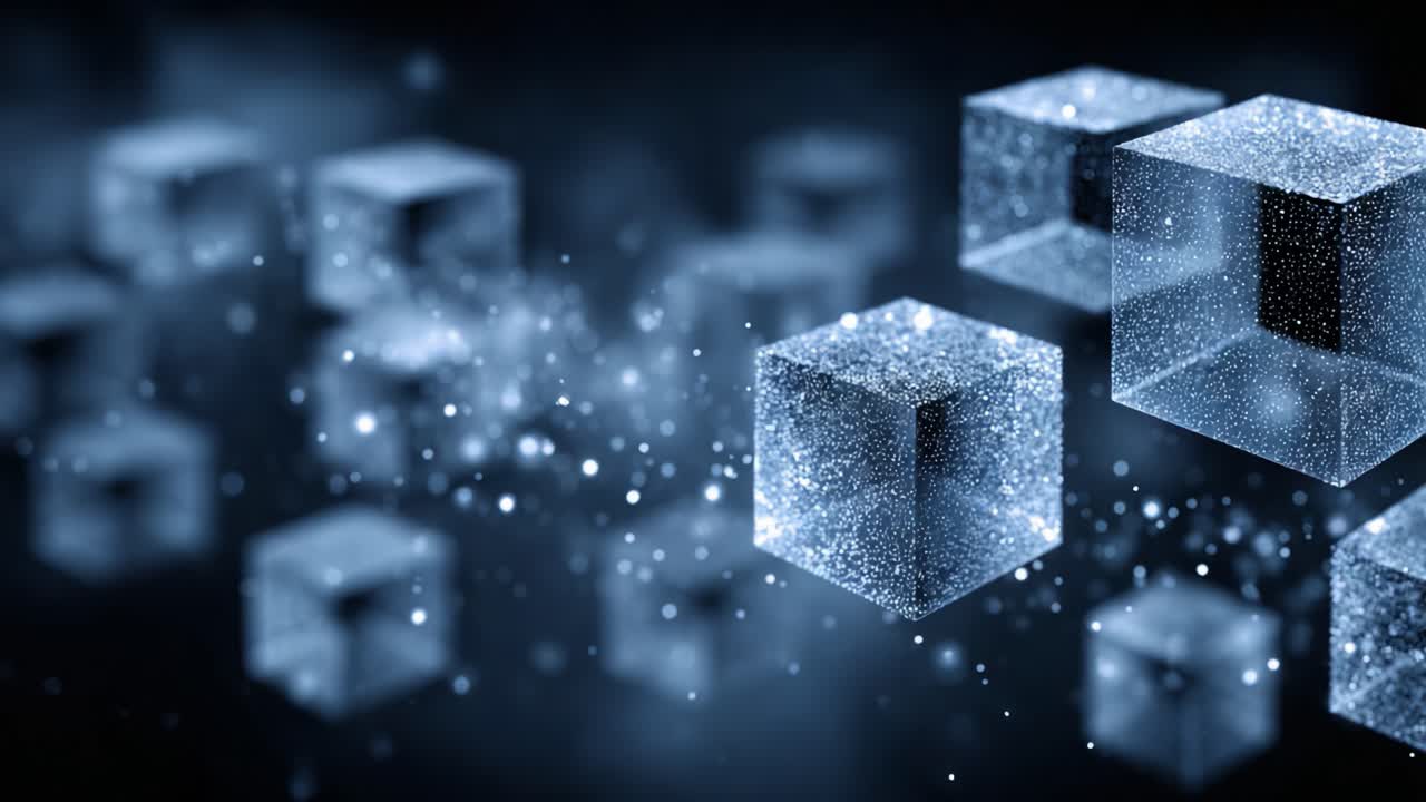 A Captivating Journey Through a Cosmic Realm of Floating Glowing Cubes and Sparkling Particles, Creating a Mystical Visual Symphony in a Dark Background