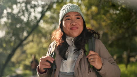 hiking, woman and happy walking in nature