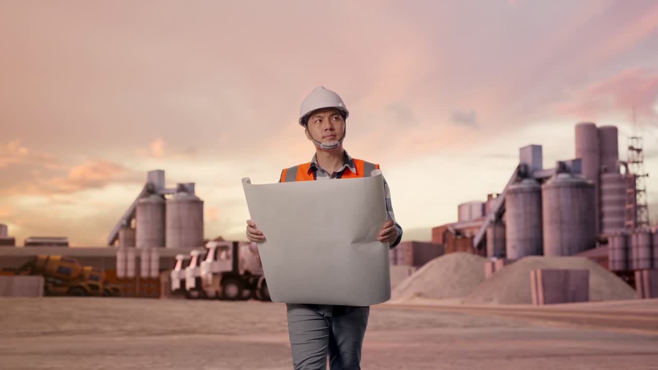 Vista frontal de un ingeniero asiático mirando un plano en sus manos mientras camina en una planta de cemento industrial al atardecer.