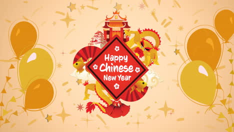 animación de feliz texto de año nuevo chino, con dragón y templos y globos amarillos y confeti