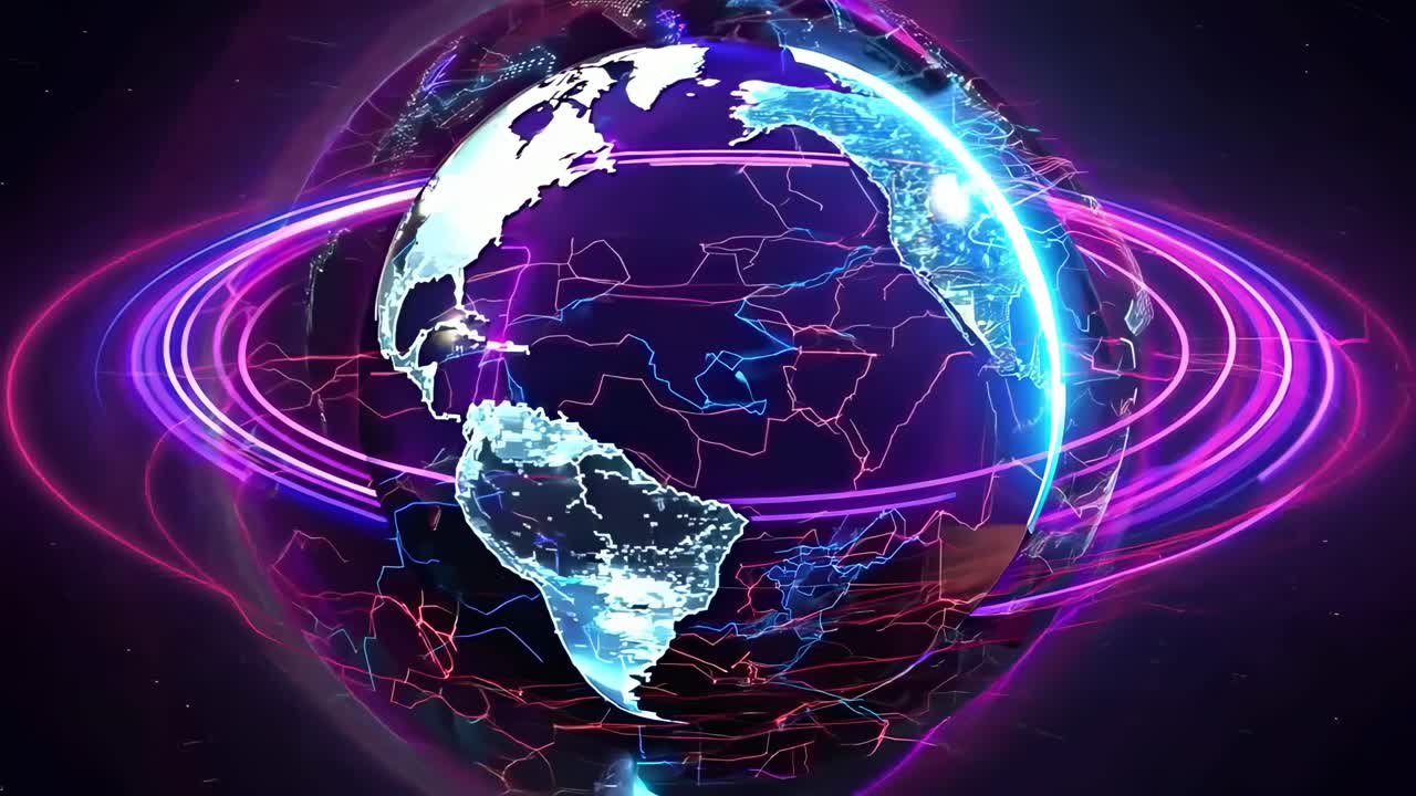 Concept video futuristico della Terra con linee al neon e sovrapposizione di dati digitali