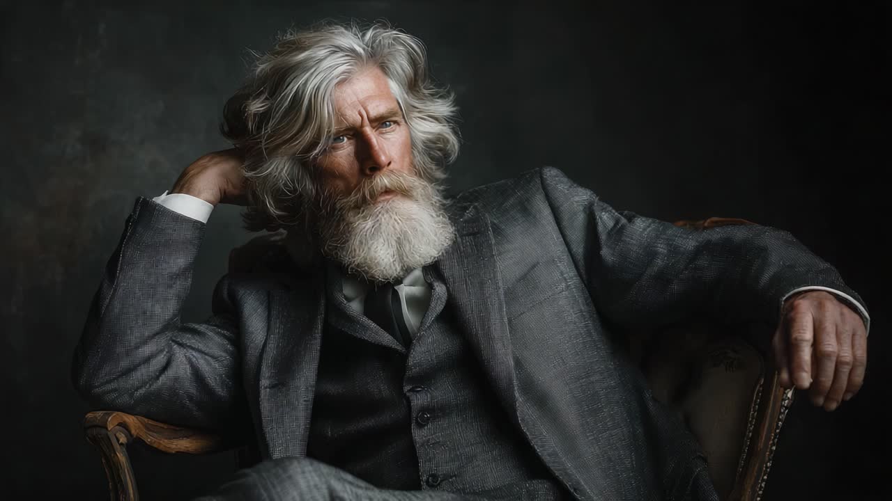 Un distinto signore anziano con capelli regali e un'espressione pensierosa, immortalato in un ritratto drammatico su uno sfondo scuro