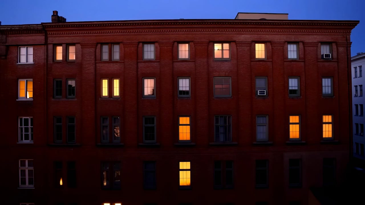 Transizione serena dei cambiamenti di illuminazione di un condominio catturata in un time-lapse con un'inquadratura grandangolare a prospettiva fissa, che mostra l'esterno in mattoni rossi e le finestre in vetro in un contesto residenziale urbano.