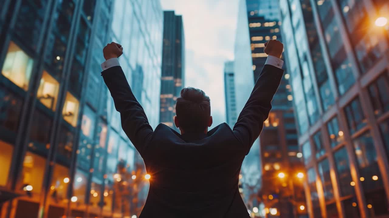 Successful businessman celebrating achievement in the city