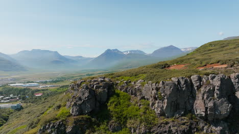 Summer-landscape-of-Nordic-nature,-coastal-hinterland-in-Iceland,-aerial-shot