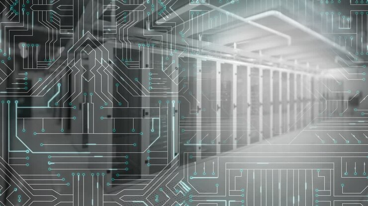 Computer server room and glowing computer circuit board
