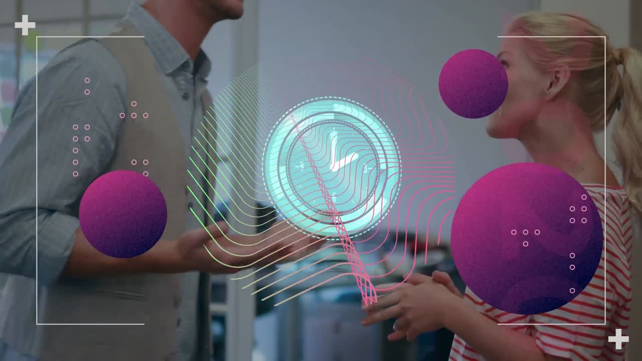 animación de reloj y moléculas sobre la gente studding