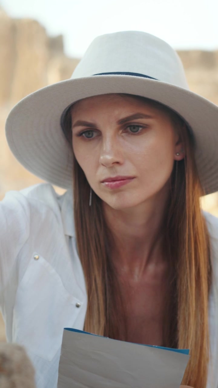 Una donna che indossa un cappello bianco e una camicia bianca sta guardando un documento nelle sue mani.