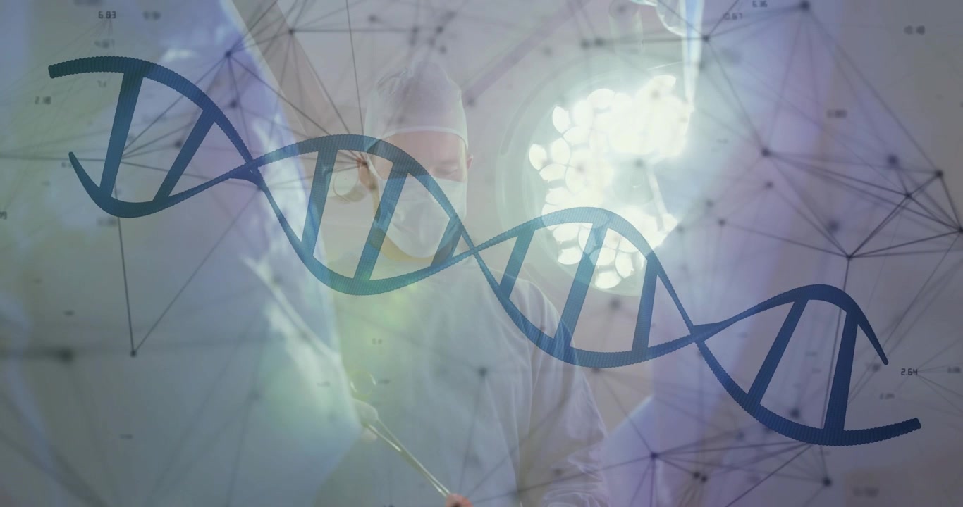 Twee chirurgen buigen zich over patiënt, biotechnologische helix verschuift en geleidt instrumenten onder lamp met knooppunten