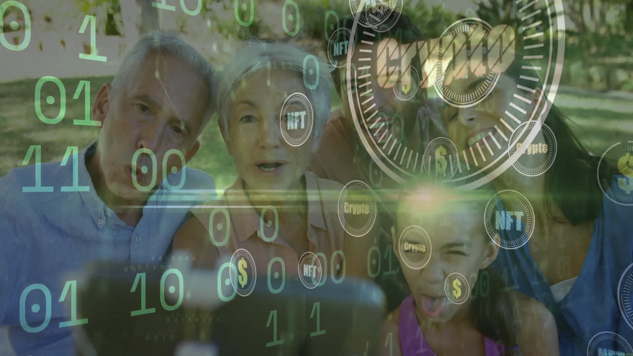 Family taking selfie with cryptocurrency and NFT data animation overlay