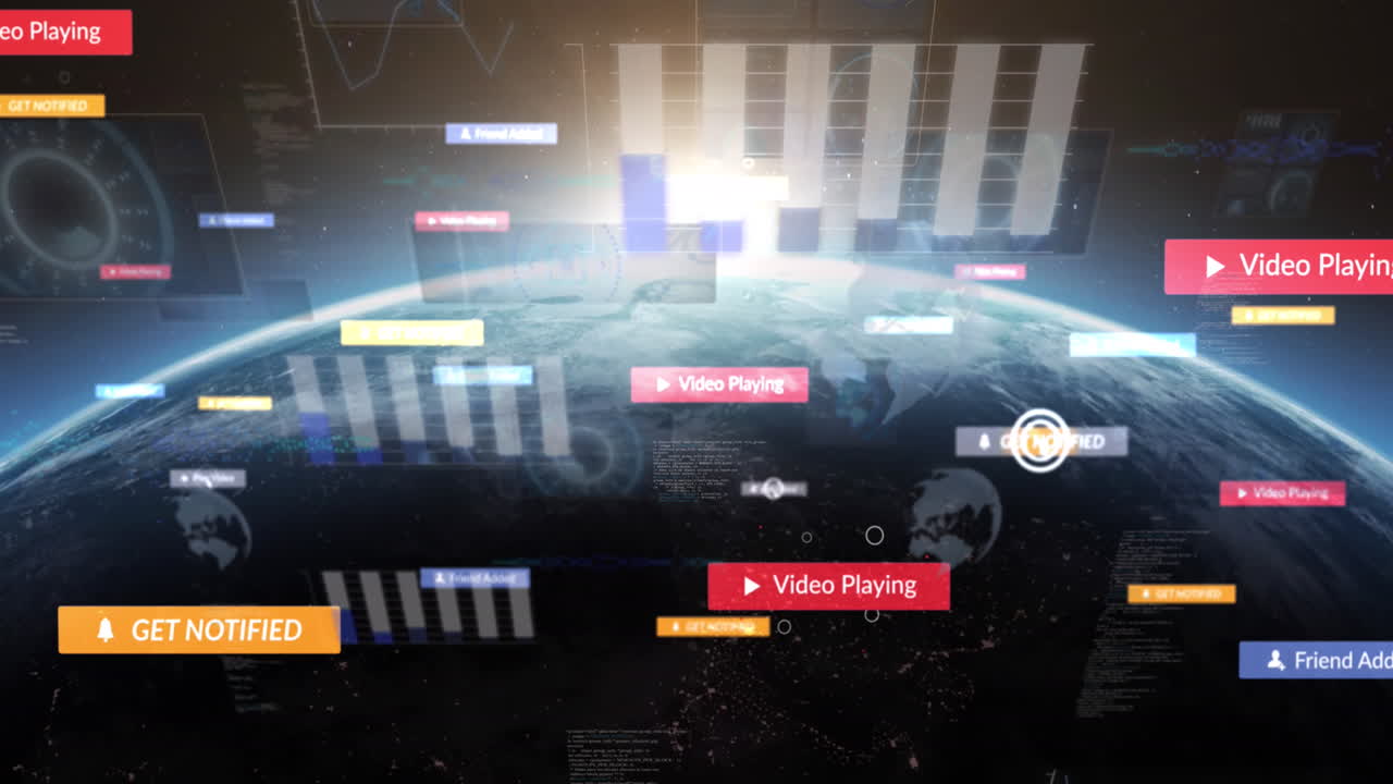 전 세계 금융 데이터 처리 및 소셜 미디어 아이콘의 애니메이션