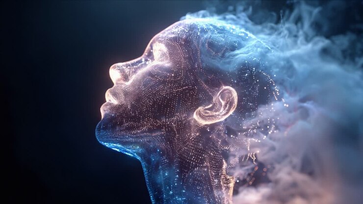 Un incredibile viaggio visivo nel regno etereo dell'espressione umana, che mette in mostra una splendida rappresentazione astratta di un volto illuminato da particelle vivaci e fumo enigmatico, catturando l'essenza della creatività