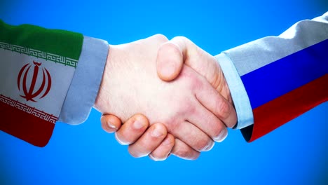 iran - russia  / handshake concept animation about countries and politics / with matte channel