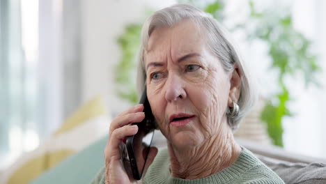 Phone-call,-relax-and-senior-woman-on-a-sofa