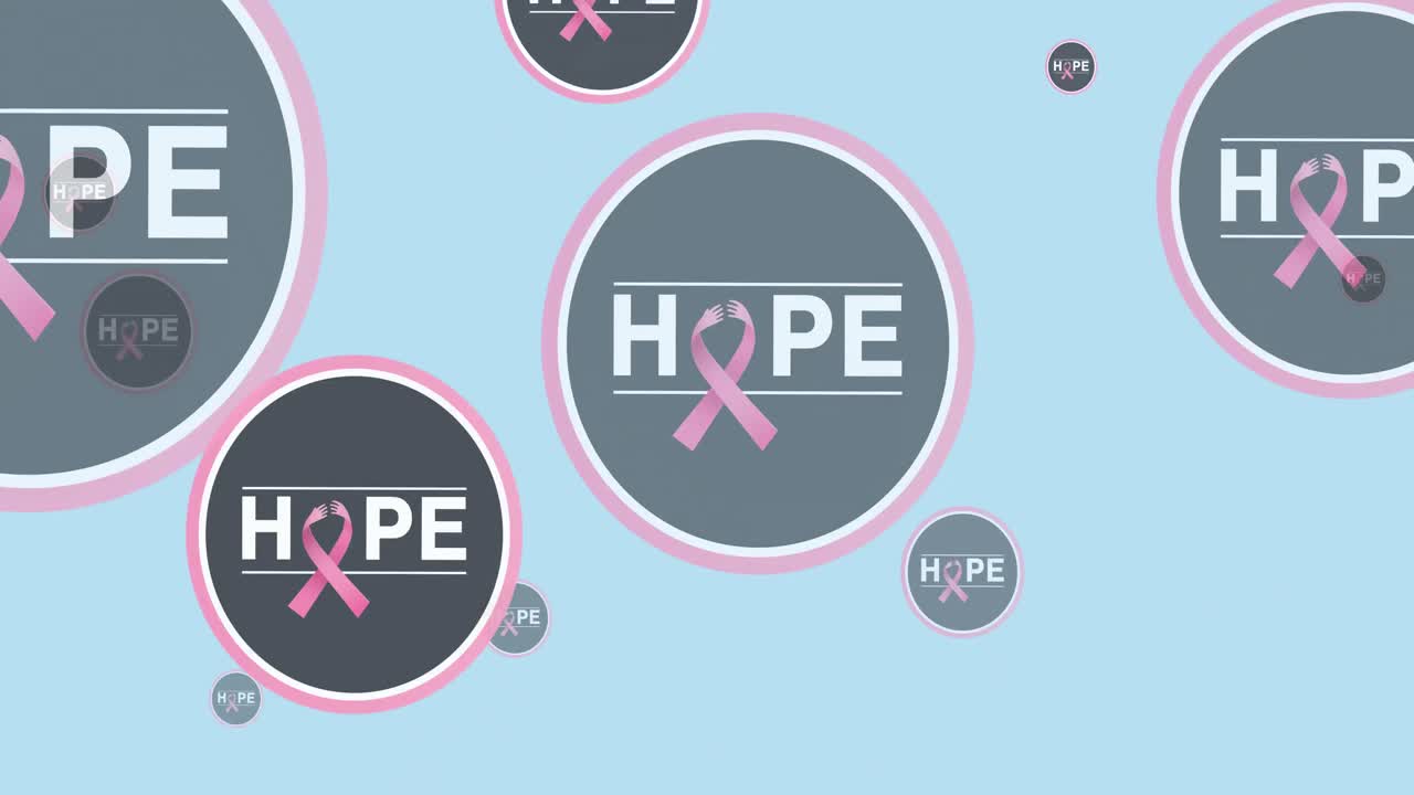 여러 개의 분홍색 리본 로고와 파란색 배경에 날아다니는 희망 텍스트의 애니메이션