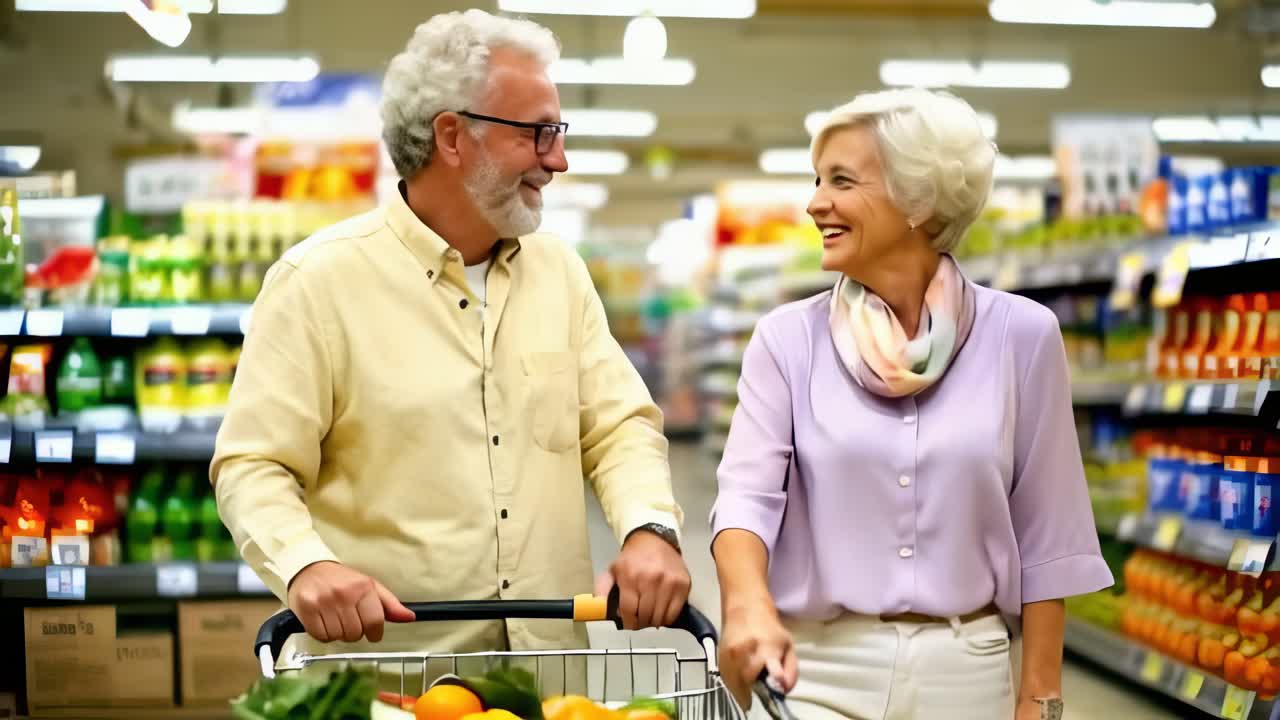 한 남녀가 식료품 가게에서 쇼핑을 하고 있다