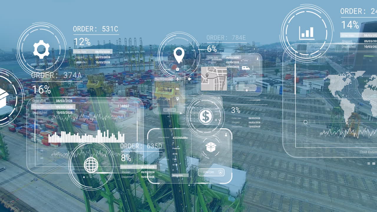 Animation of data processing on screens over shipyard
