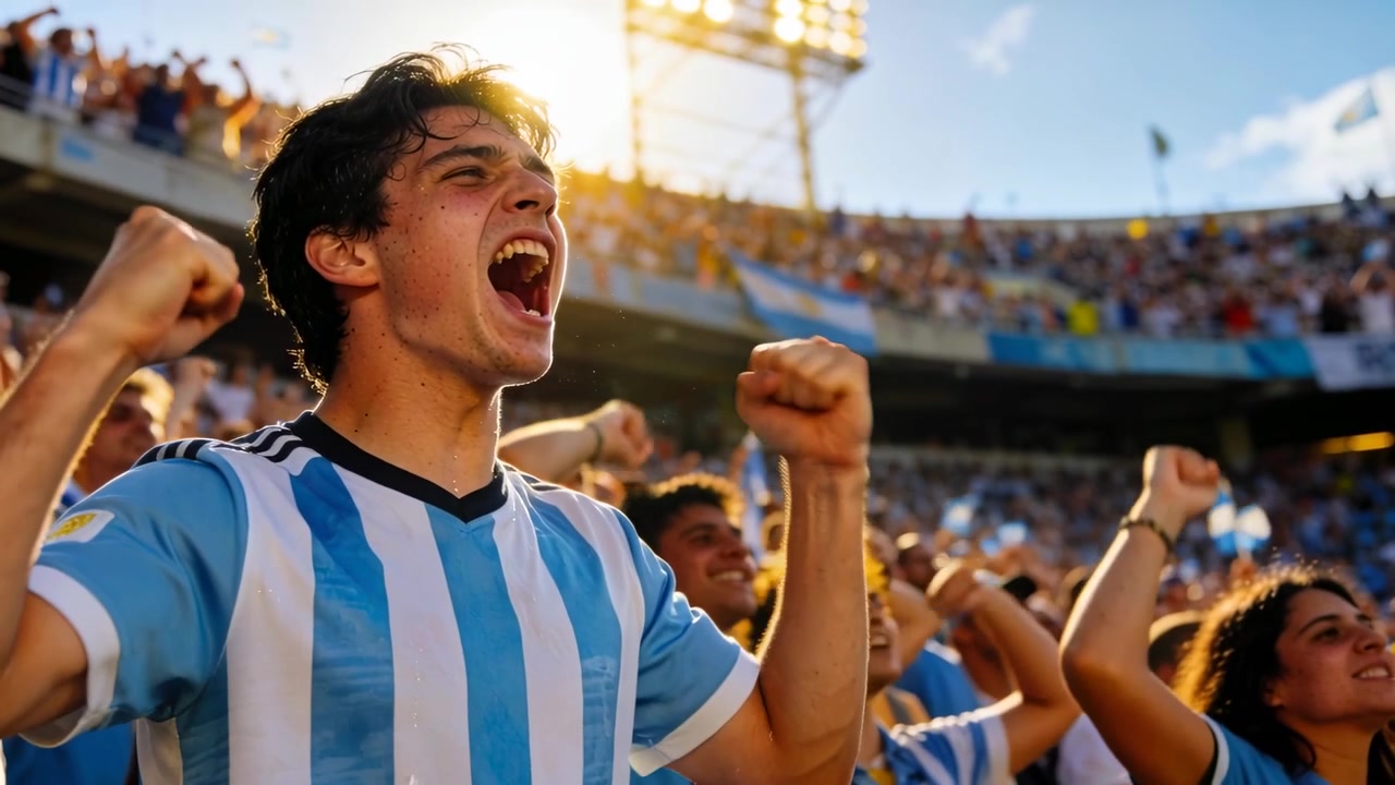 Aficionado masculino adulto gritando, con camiseta de Argentina, levantando los puños en el estadio tras un gol y ondeando banderas.