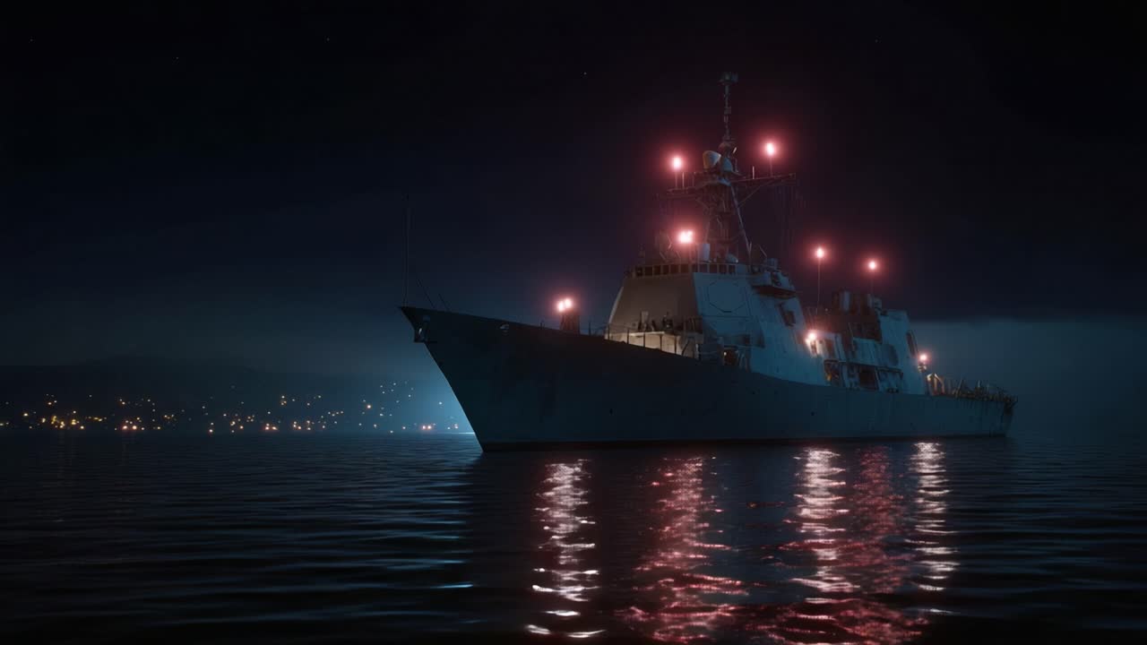 赤い光を放つ大型の軍艦が夜の海を航行しています。その船体は穏やかな水面に柔らかく反射しています。遠くの岸辺には都市の光がかすかにきらめいています。軍事、海事関連に最適です。