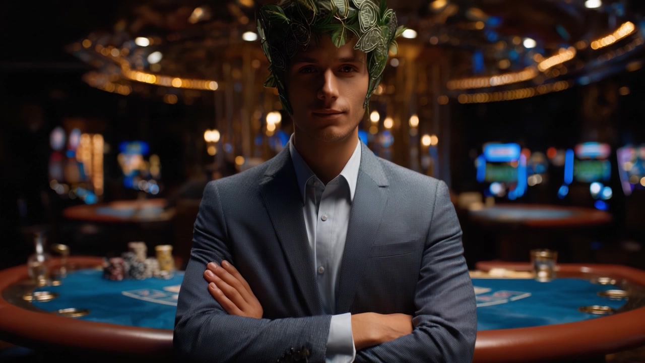 Un giocatore di poker sicuro di sé a un tavolo da casinò mostra abilità e strategia nella vibrante atmosfera dell'intrattenimento del gioco d'azzardo.