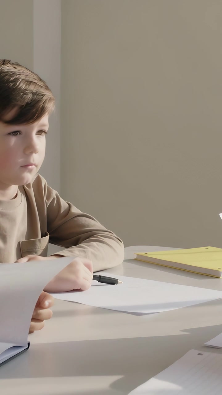 Vertical video: Watching boy in tan top eyeing adult moving study papers at table pen, copy space