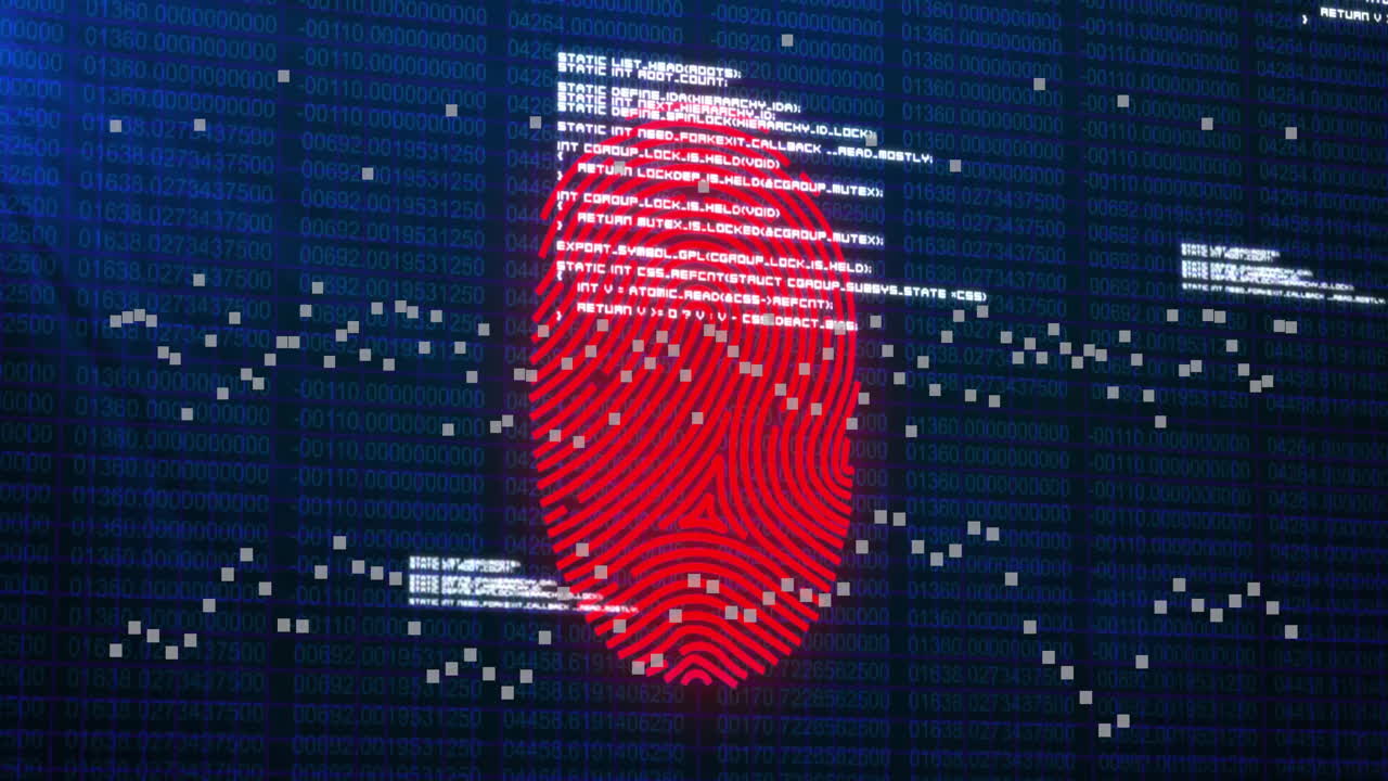 Fingerprint scanning and data processing animation over binary code background