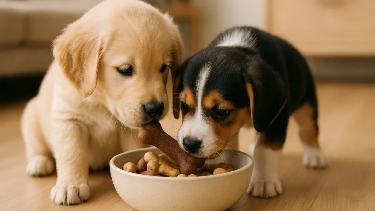 Two puppies enjoy a meal from a bowl on a wooden floor. Captured at eye level, the video highlights