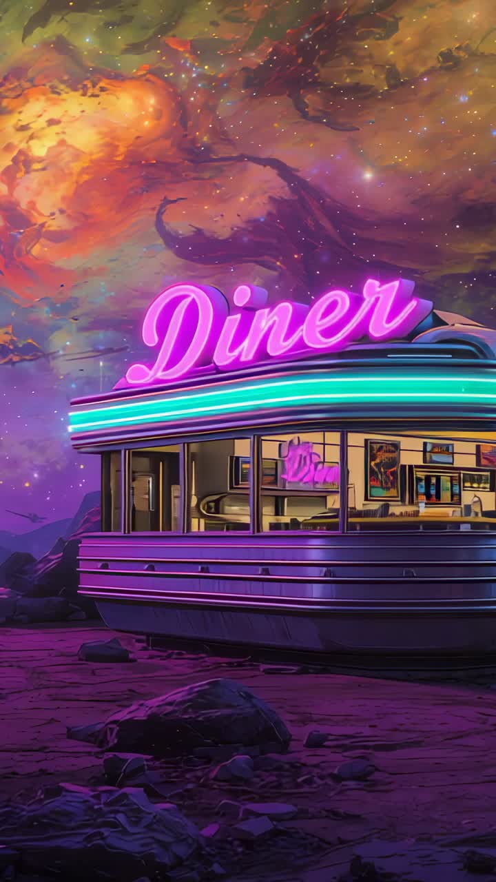 Vertical video: Fixed camera filming diner glowing neon sign on alien plain amid swirling clouds